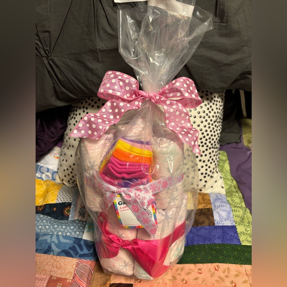 Girl’s diaper cake Gift Set — includes 12 Pink Honest size 4s, socks, & bottle!